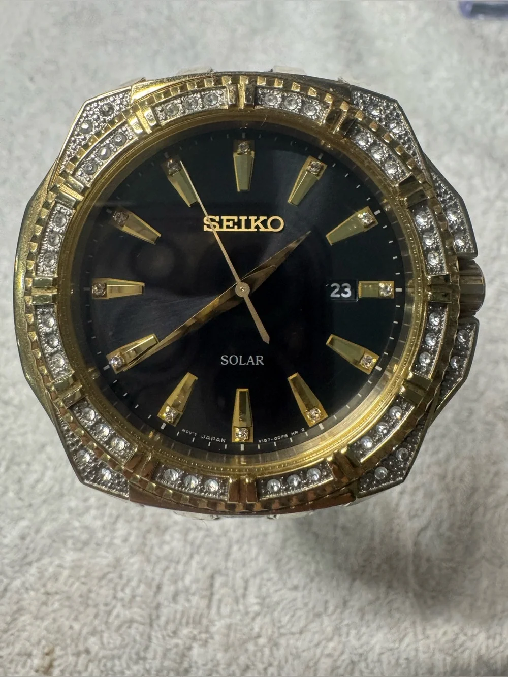 Seiko Gold-Tone Watch with Black Dial and Crystal Accents